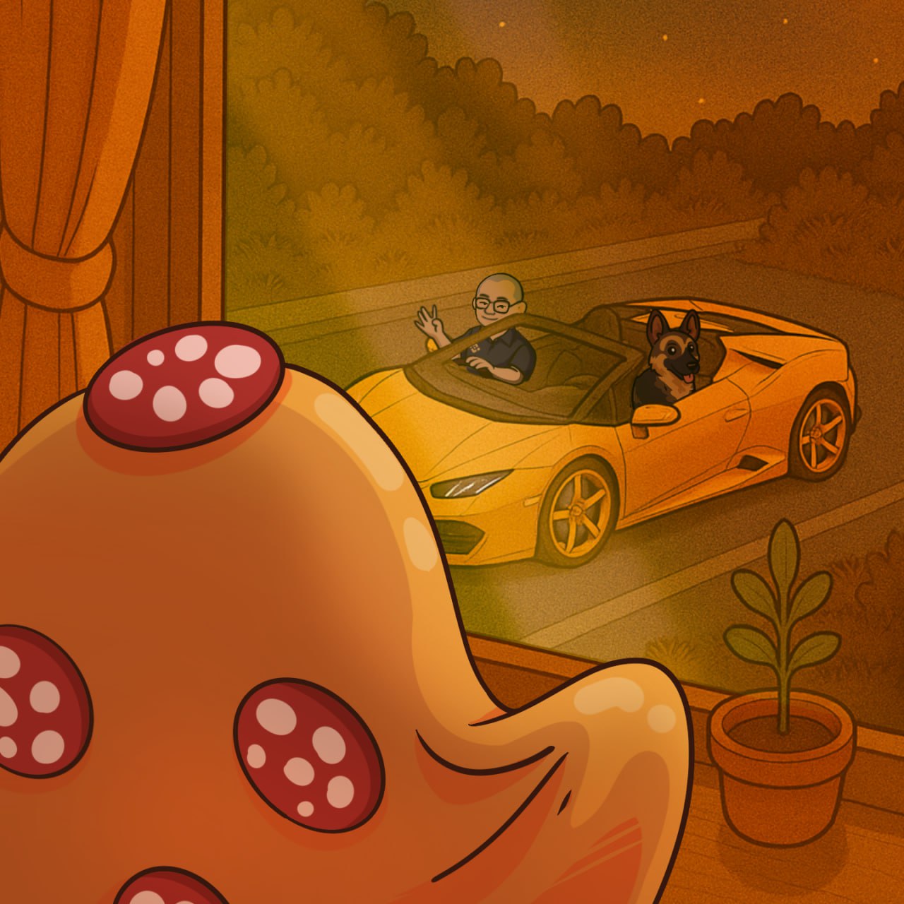 Scene 2 — Pizza looks out the window; CZ waves with Broccoli and a Lambo